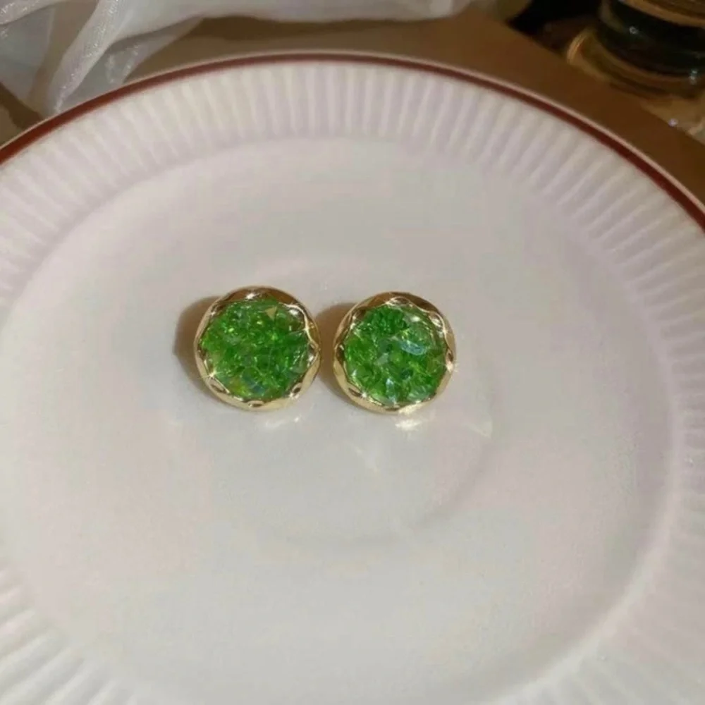 925 Silver Post Round Green Crystal Stud Earrings for Women